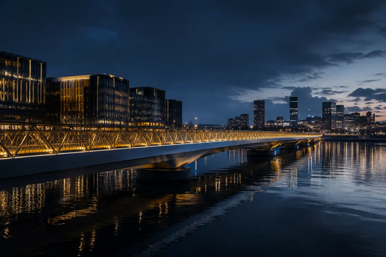 Illuminated bridge symbolising cross-border connection