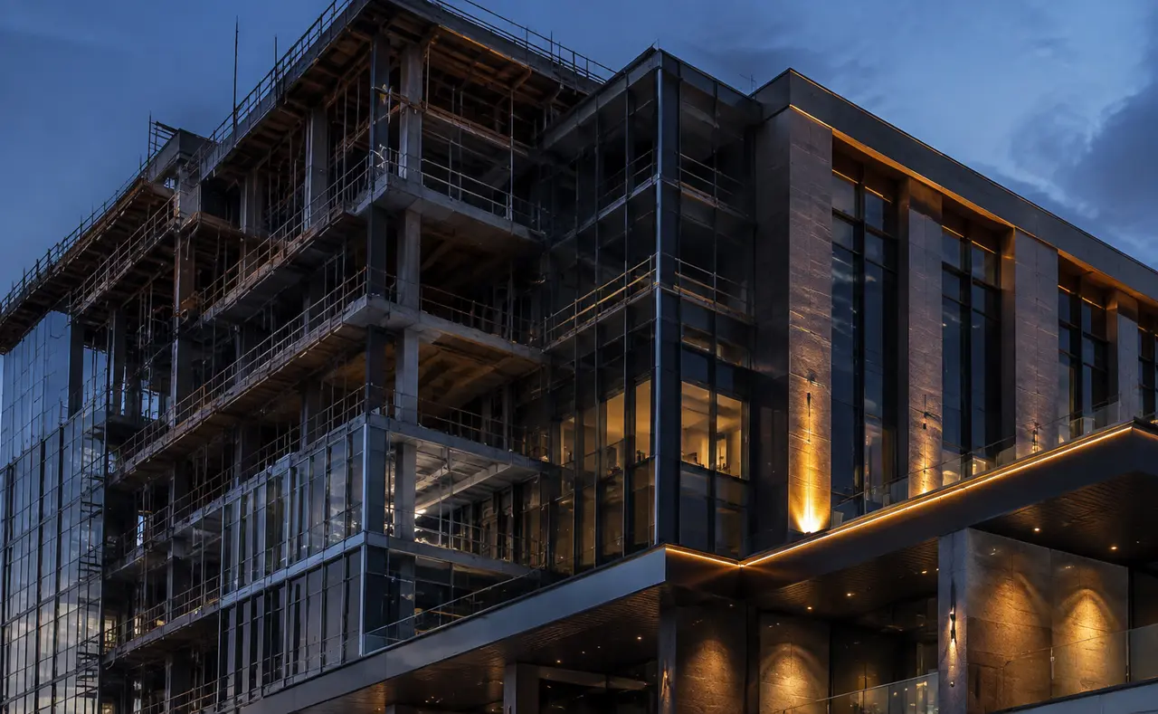 Architectural project progressing from structure to completion